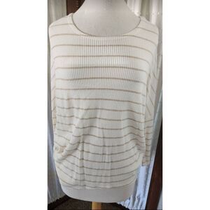 F08 Jolie white and tan striped knit top with bat wing sleeves